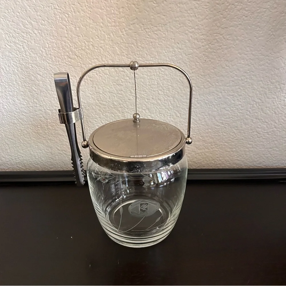 Vintage Mid-Century Modern Noritake Sasaki glass ice bucket etched floral tong